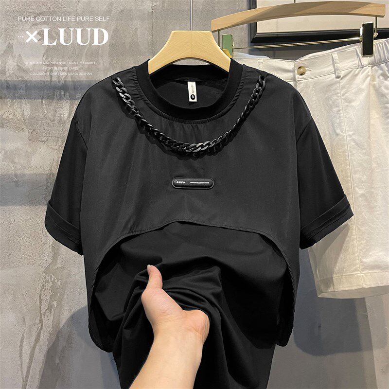 LUUD 个性拼接假两件短袖衫美式潮牌项链设计黑色T恤上衣男夏季
