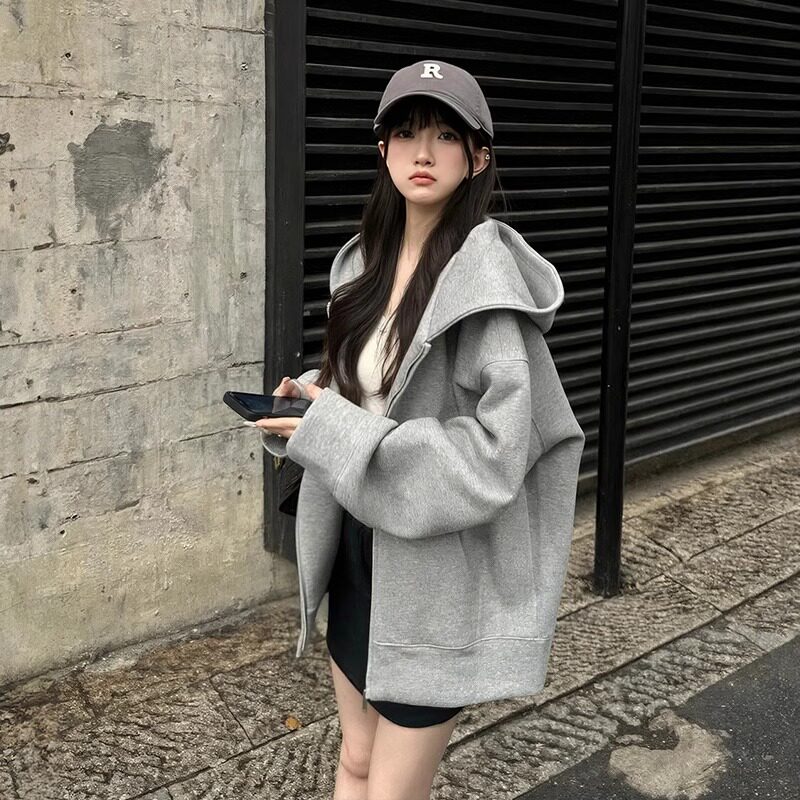 纯棉灰色连帽卫衣女春秋季2024新款休闲慵懒美式开衫外套拉链上衣