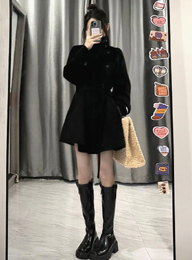 赫本风系带毛呢外套女小个子2022秋冬装新款韩版立领黑色呢子大衣