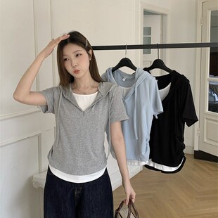 MM谢谢家大码~2025夏季宽松百搭撞色假两件连帽短袖卫衣女上衣潮