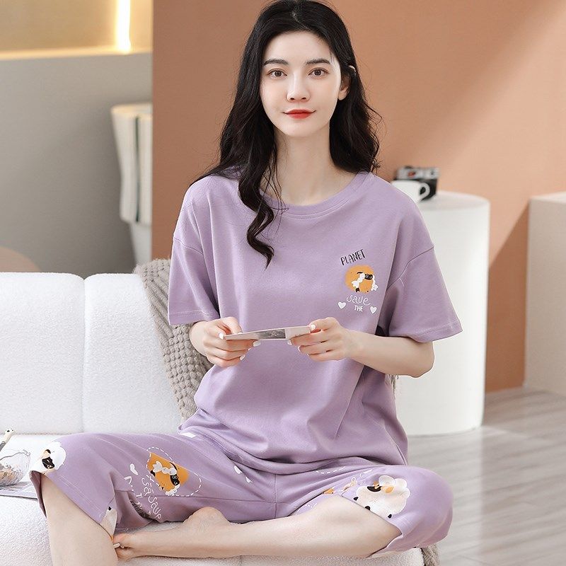 100%纯棉短袖睡衣女夏季薄款七分裤卡通休闲家居服全棉套装可外穿,女士内衣/男士内衣/家居服,睡衣/家居服套装,淘宝优惠券,粉丝福利购,淘宝优惠卷