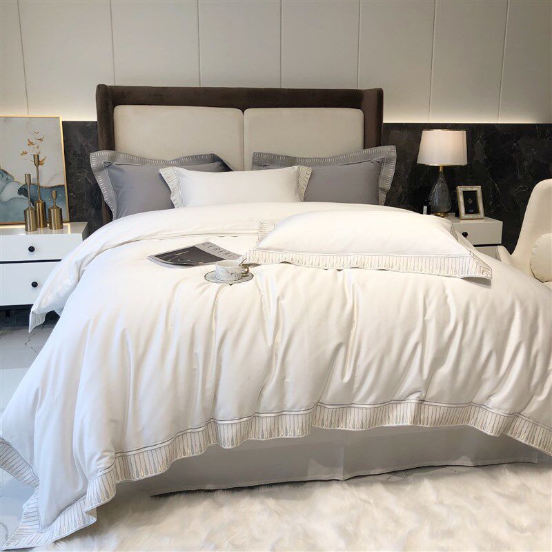 欧式轻奢120长绒棉四件套全棉纯棉刺绣纯白色酒店床单床上用品