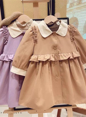 韩版洋派2023女童长袖洋装春秋季新款中小童翻领风衣中长版外套