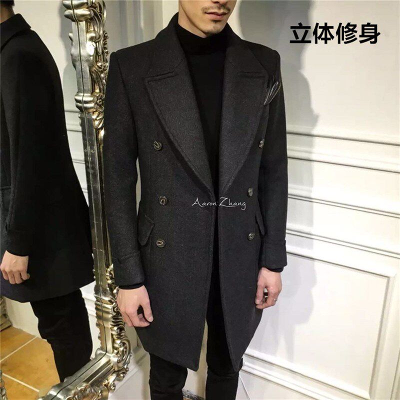 秋冬平驳领双排扣羊毛呢大衣正装男中长款青年英伦修身风衣外套潮