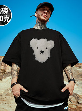 美式复古重磅潮牌短袖T恤狗头大码男装加肥加大胖子宽松情侣半袖