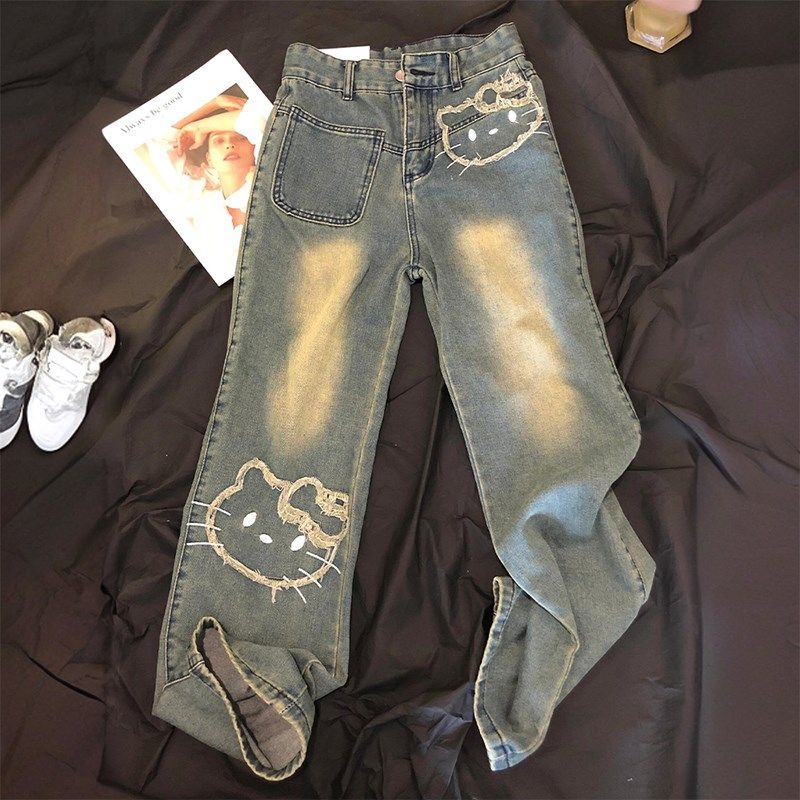 大码设计感重工卡通刺绣阔腿牛仔裤女胖mm复古宽松显瘦直筒长裤子,女装/女士精品,大码裤装,淘宝优惠券,粉丝福利购,淘宝优惠卷