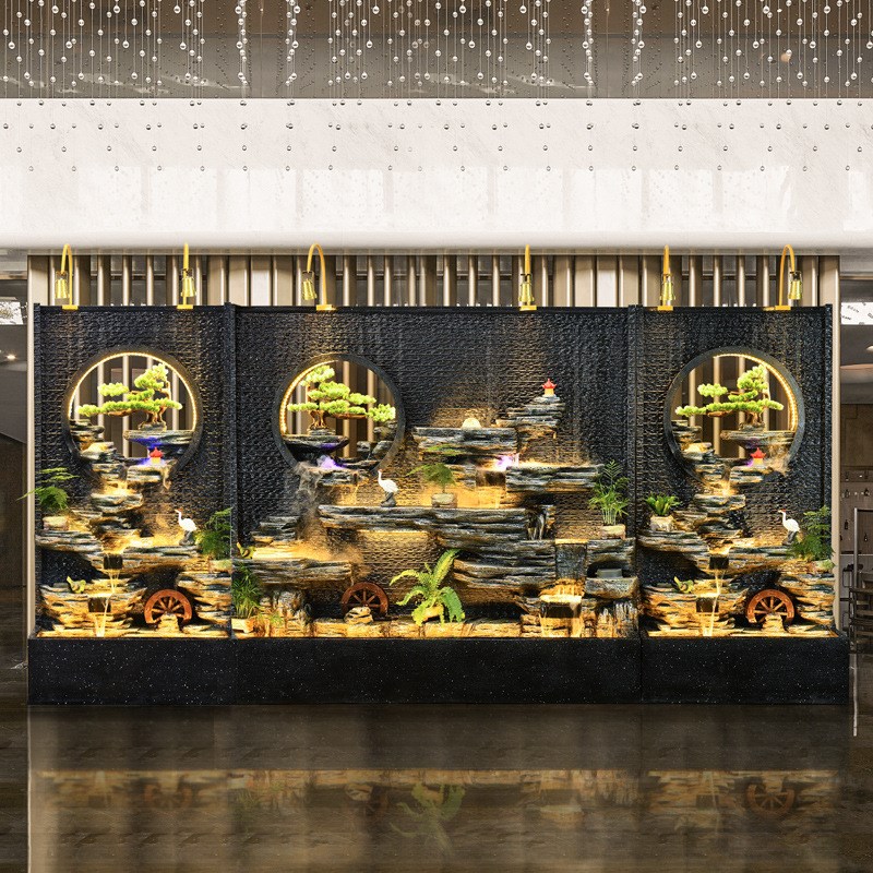 大型假山流水喷泉水幕墙屏风别墅酒店公司大厅风水轮招财摆件