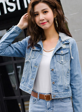 牛仔外套女短款修身韩版新款显瘦学生长袖春秋牛仔服上衣带帽大码