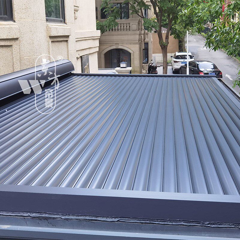 户外铝合金天幕遮阳帘阳光房遮阳顶帘天窗遥控伸缩棚智能电动卷帘