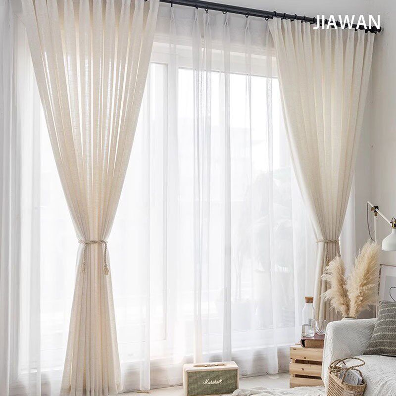日式原木风亚麻窗帘透光不透人窗纱棉麻加厚半遮光飘窗阳台纱帘