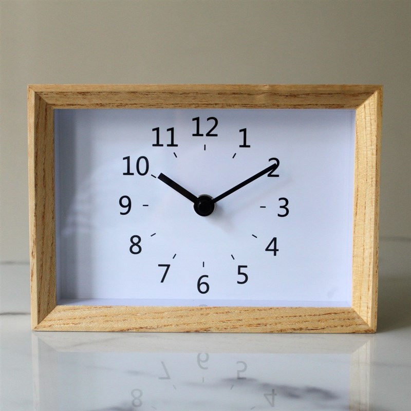 日式简约实木桌面方钟卧室床头钟表白蜡木静音时钟温W湿度台式座