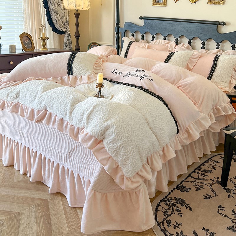 法式公主风床上四l件套冬季牛奶珊瑚绒被套床单加绒床盖法兰绒床