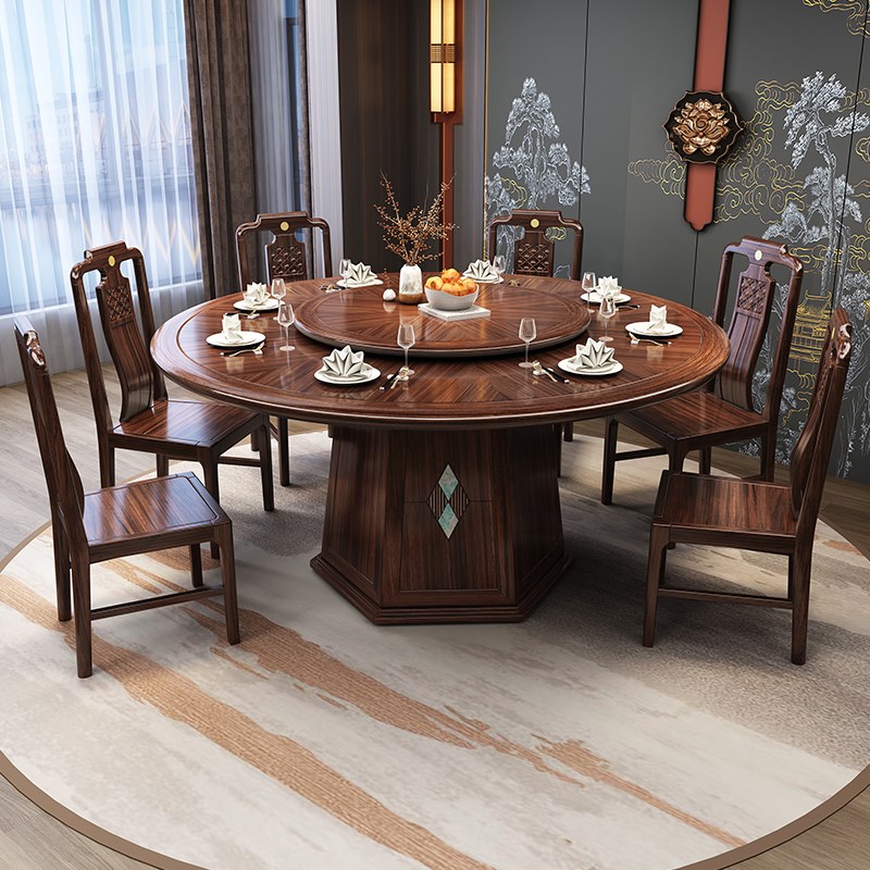 新中式乌金木实木餐桌椅组合岩板大圆桌饭桌家Q用餐厅酒店饭店桌
