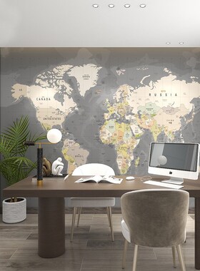 18D现代简约世界地图墙s纸工业风灰色无缝墙布办公室北欧壁纸壁画