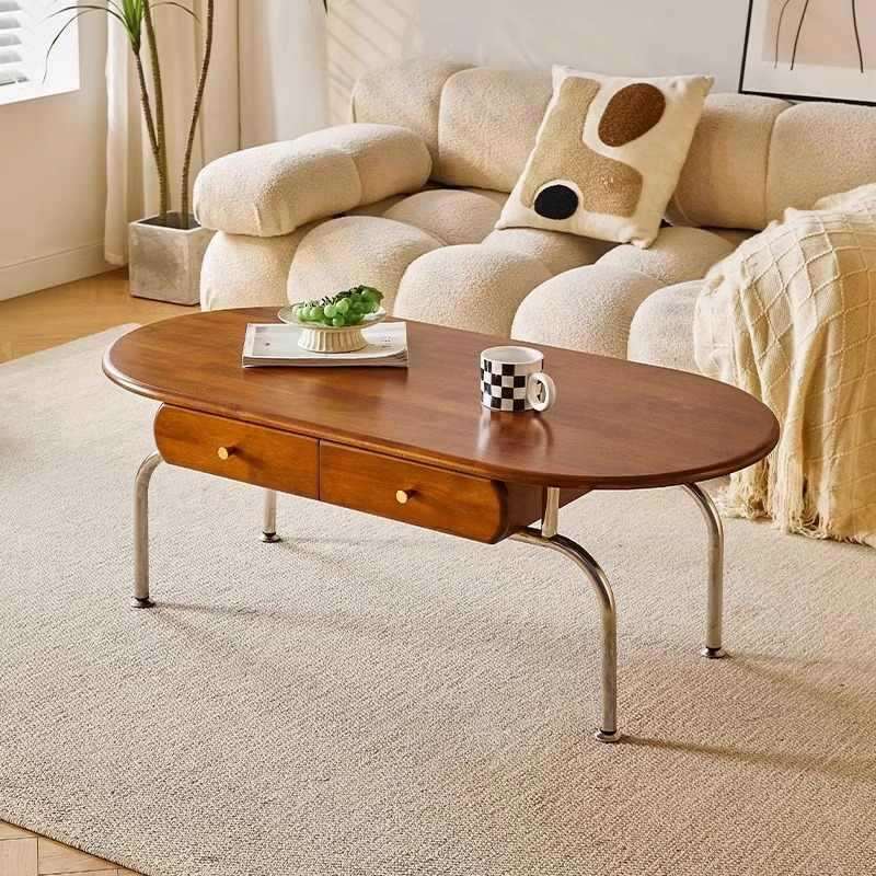 茶几小户型客厅家用实木北欧复古多功能茶桌中古椭圆形桌子