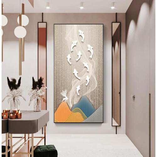 现代轻奢玄关LED灯带装饰画九鱼图好寓意走廊过道壁画入户挂画