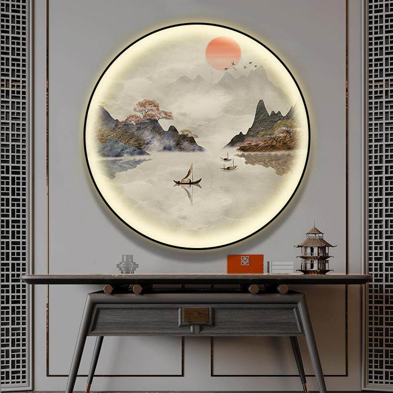 玄关装饰画入户正对门圆形挂画餐馆茶室led氛围灯新中式山水壁画