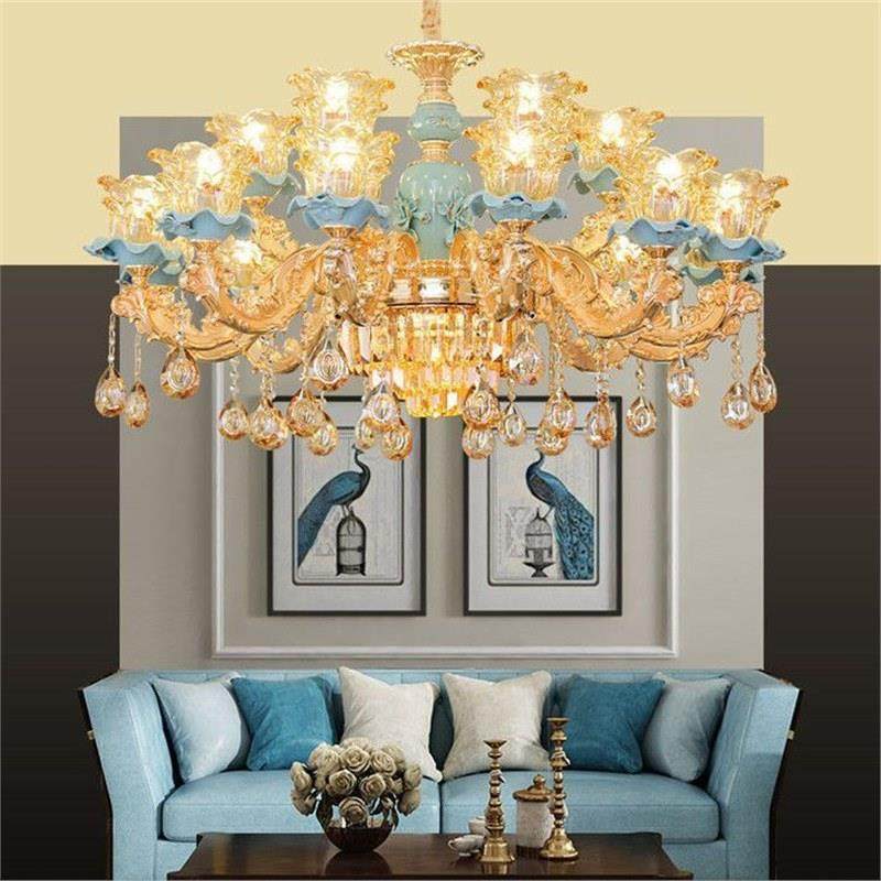 欧式轻奢水晶吊灯陶瓷客厅灯现代简约家用装饰餐厅灯法式蓝色吊灯