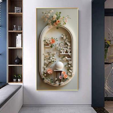 入户玄关装饰画走廊进门挂画竖版3d立体墙上植物花卉创意浪漫温馨
