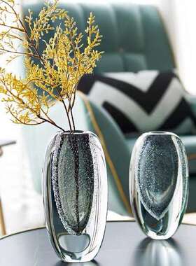 厂家直销手工吹制高品质厚底灰色气泡玻璃花瓶软装样板房客厅花器