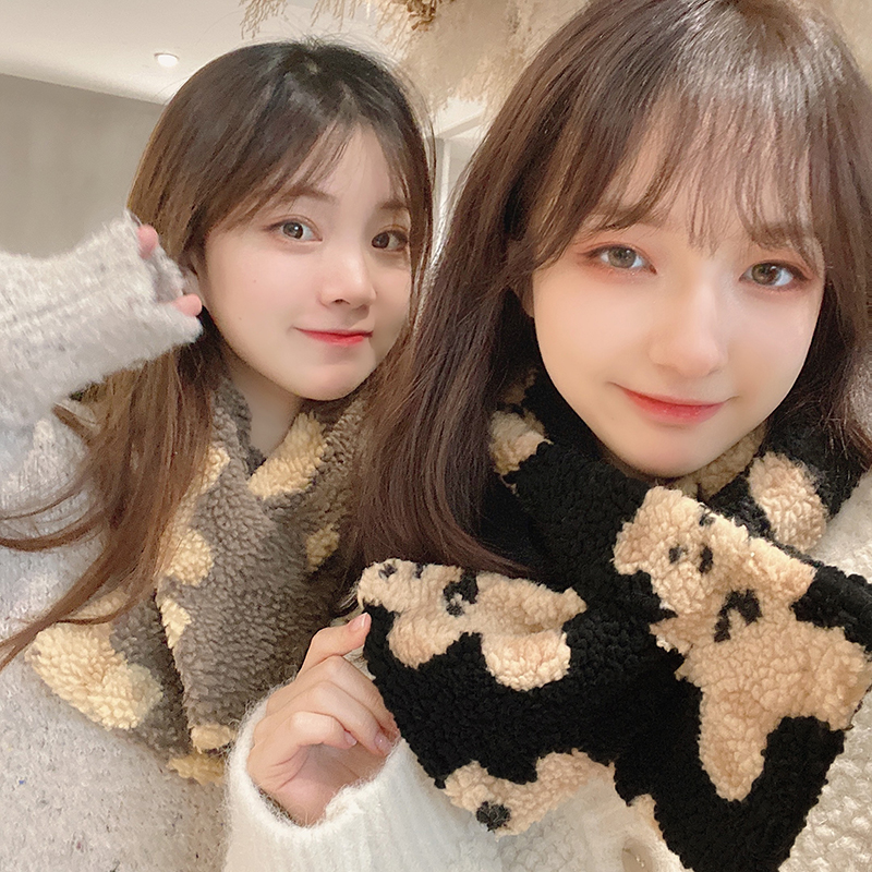 ins风韩国f复古可爱卡通小熊围巾少女心学生百搭冬天加厚保暖围脖