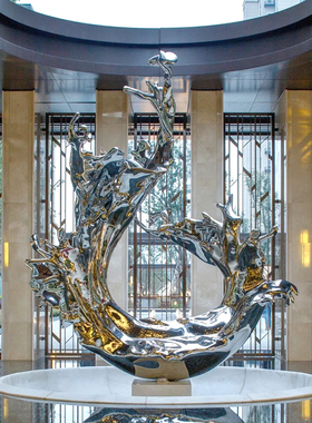 大型不锈钢水浪花雕塑现货创意金属水滴波纹售T楼处水景镜面摆件