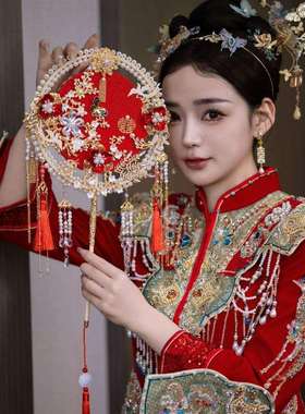 红色蕾丝新娘结婚秀禾服团扇新中式双面成品遮面红色喜扇团扇9150