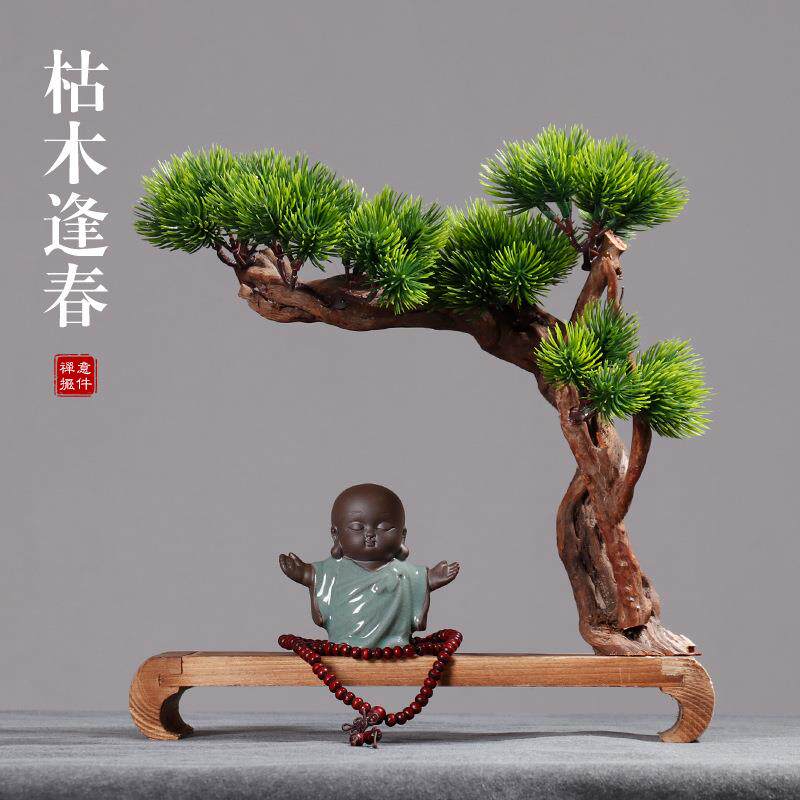 新中式木头工艺品创意木制装饰禅意小和尚摆件客厅玄关茶几迎客松