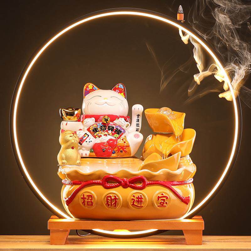 新中式招财猫电动招手摆件陶瓷流水生财led灯发光福袋前台发财猫