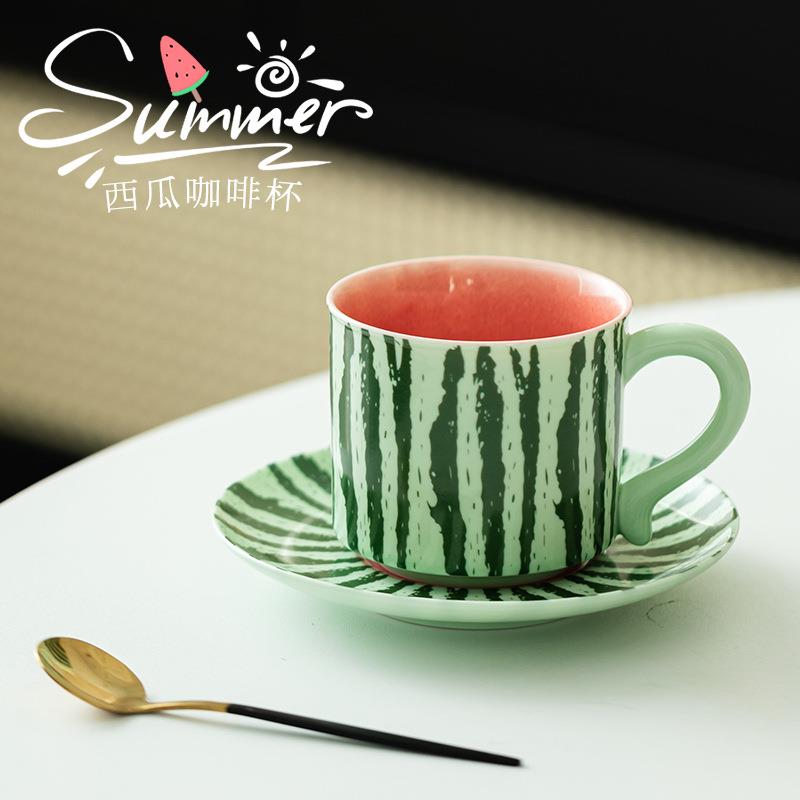 西瓜咖啡杯室内外创意清新家用下午茶杯碟陶瓷简约可爱泡茶杯茶具