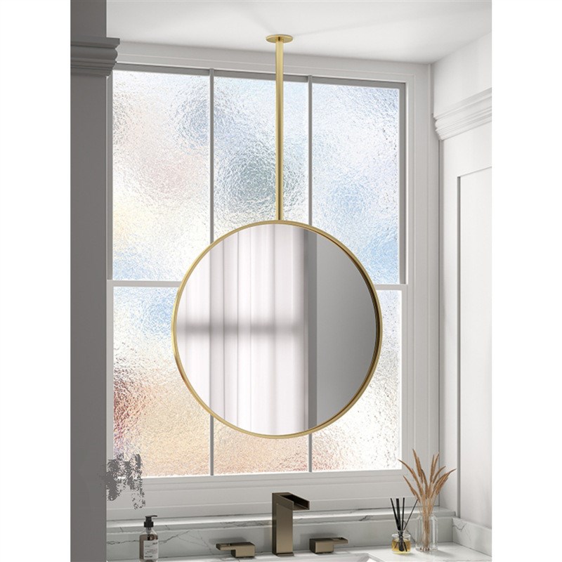 悬挂式天花板圆形吊镜悬空金属杆黑色框架发光顶部固W定洗手间镜