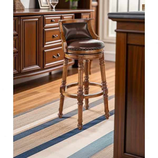 美式吧台椅家用欧式实木吧椅圆复古吧凳脚凳靠背酒吧旋转轻奢