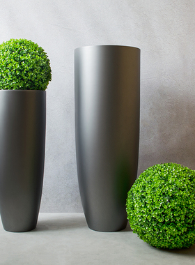 玻璃钢银灰色圆形落地大花瓶花器摆件欧式现代家居客厅酒店装饰品