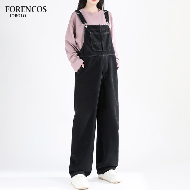 孕妇牛仔背带裤套装春o秋款2024新款大码显瘦直筒阔腿长裤两件套