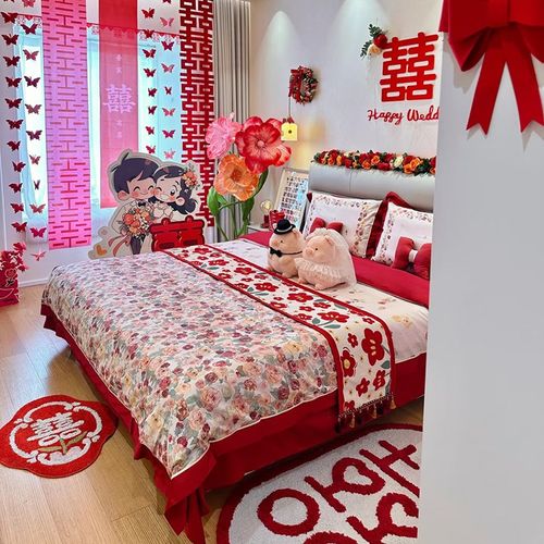 乐优公主100支长绒棉结婚四件套大红色婚庆喜被床单被套床上用品