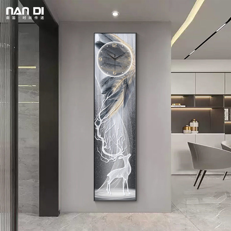 羽毛麋鹿玄关装饰画时钟挂墙现代简约电I视背景墙长条挂画钟表挂