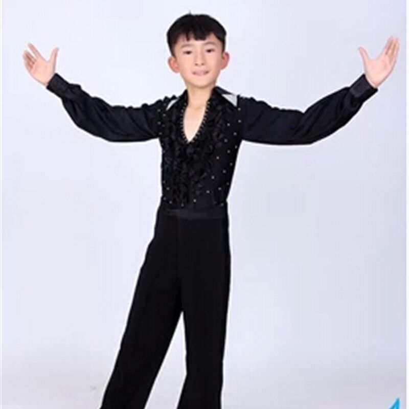 新款男童拉丁舞服装蓝儿童舞蹈服装 男孩练功服黑色长袖舞蹈衣裤