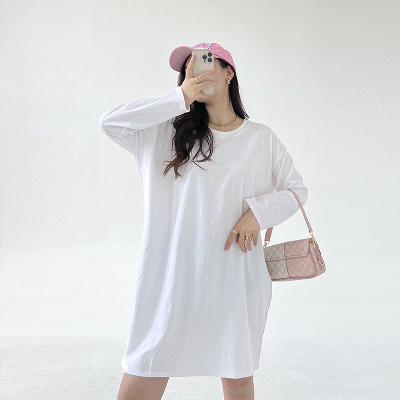 大领口t恤女长袖春秋大码宽松中长D款过膝慵懒风大圆领纯棉打底衫