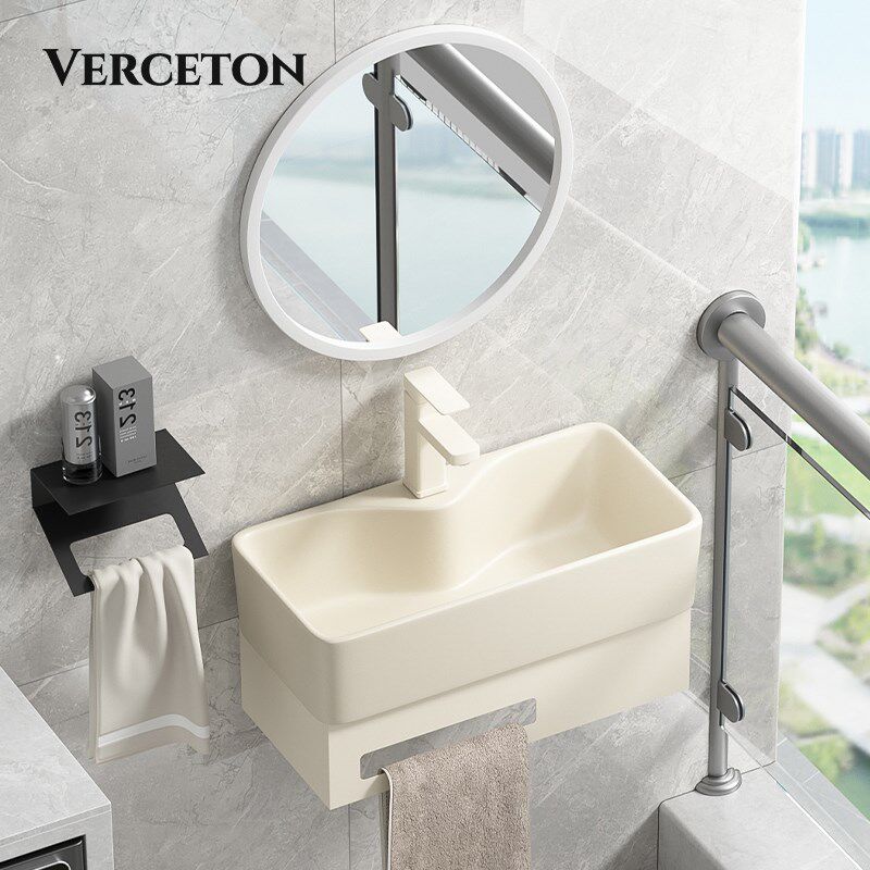 奶油色挂墙式不锈钢支架盆组合小户型阳台壁挂式陶瓷洗手洗脸吊盆,家装主材,挂墙式洗脸盆,淘宝优惠券,粉丝福利购,淘宝优惠卷