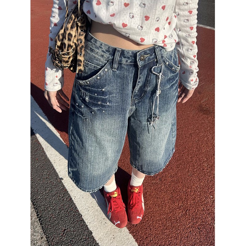 美式高街镶钻竹节纹牛仔七分裤男女夏G季水洗宽松百搭直筒阔腿中