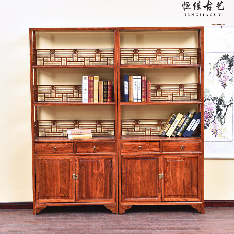 中式红木古典全实木明清仿古南榆C木家具三层书架书柜储物置物架