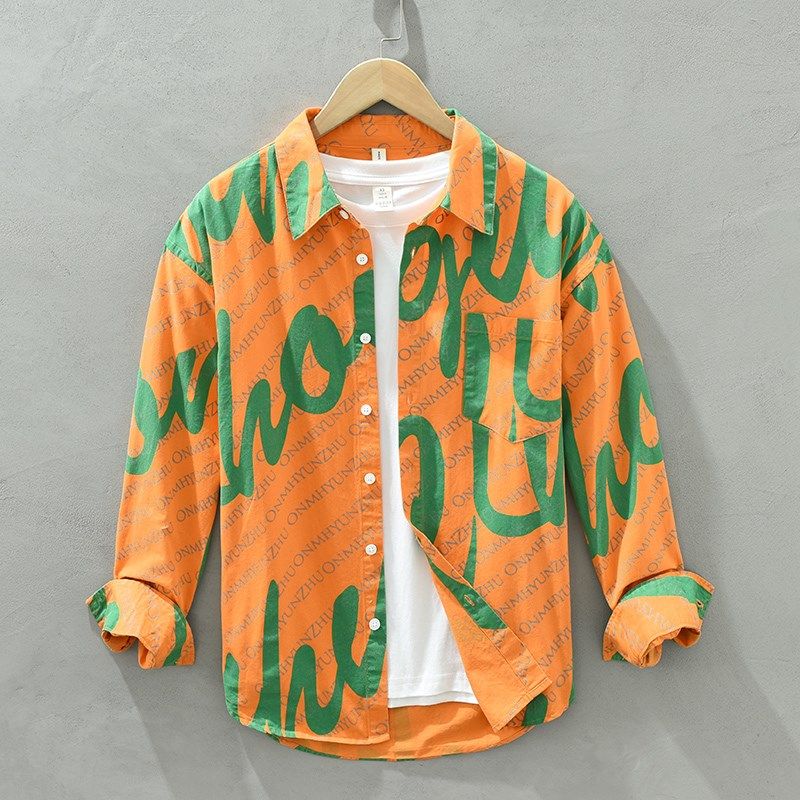 春秋季男款长袖衬衣时尚宽松青年印花清新文艺风纯棉衬衫可机洗