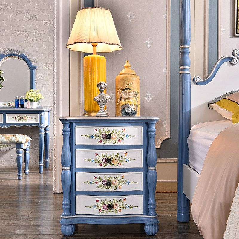 美式乡村床头柜收纳柜床边柜边角柜实木四斗柜简U约蓝色彩绘欧式