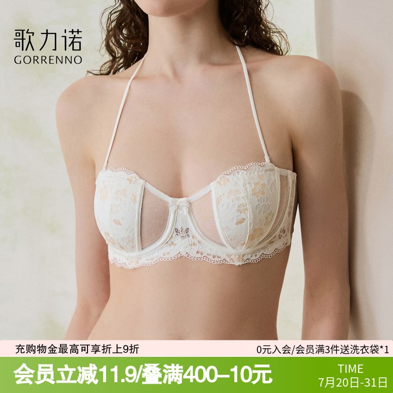 无肩带抹胸e内衣女大胸显小超薄款蕾丝聚拢半杯钢圈挂颈文胸罩薄
