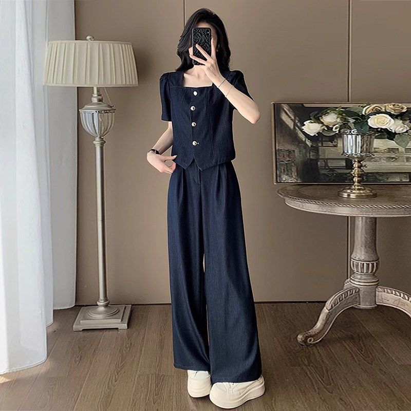 高级感时尚韩版套装女202u5年夏季新款洋气方领小衫阔腿裤两件套