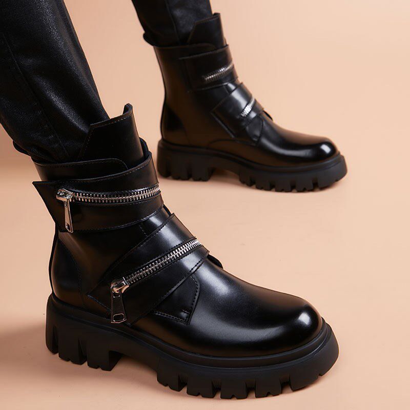 马丁靴男款2025夏季新款百搭皮靴E中筒高帮男鞋魔术贴厚底增高皮