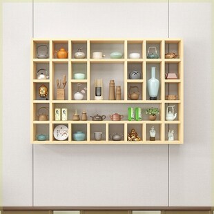 博古架墙上壁挂格子架实木茶具茶叶展示架挂墙杯子茶壶.格架多宝