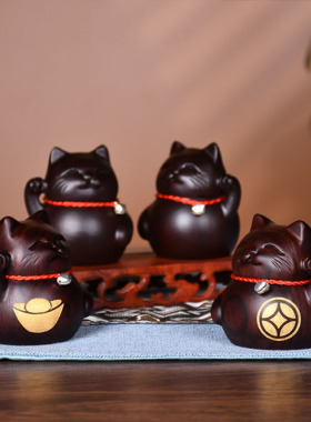 黑檀木雕招财对猫摆m件实木雕刻开业送礼品店铺收银台家居发财对