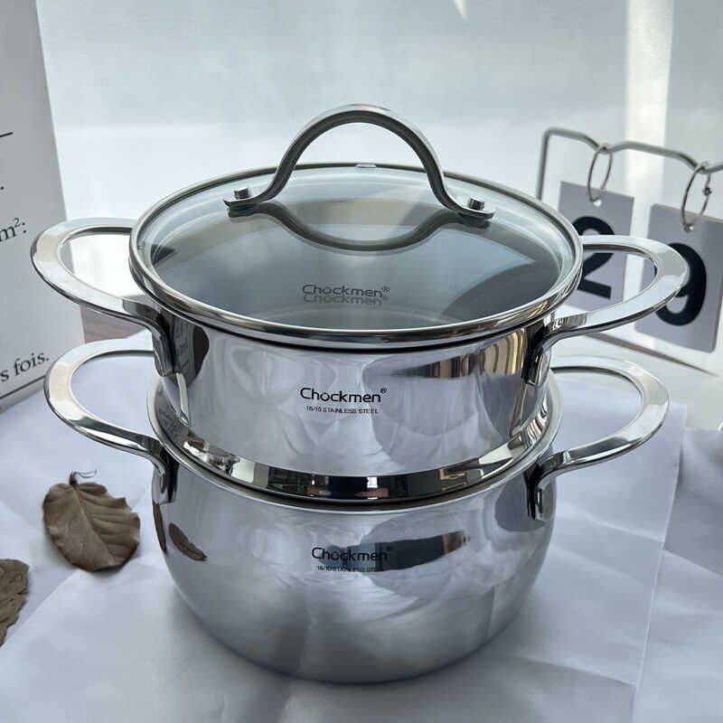 304不锈钢煮锅多功能o小蒸笼双耳汤锅蒸煮一体两用蒸炖锅16cm18cm