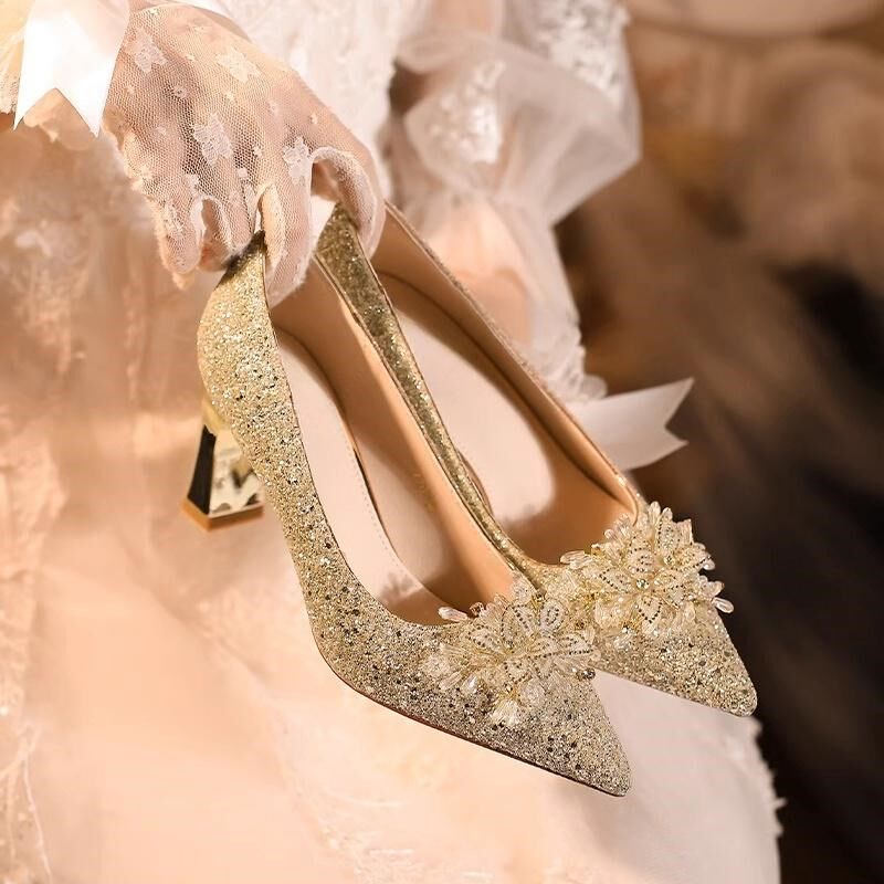 法式香槟色水钻花k朵串珠亮晶晶水晶高跟鞋尖头粗跟不累脚主纱婚